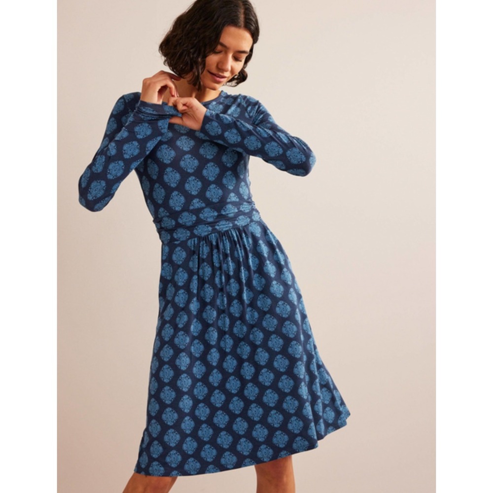 Boden Abigail Long Sleeve Jersey Dress French Navy Mosaic A-Line Pullover 4R